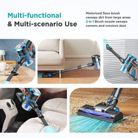 Cordless Vacuum Cleaner, 38000PA/450W 50Min 2500Mah for Home Pet Hair Carpet Wood Floor (Blue)